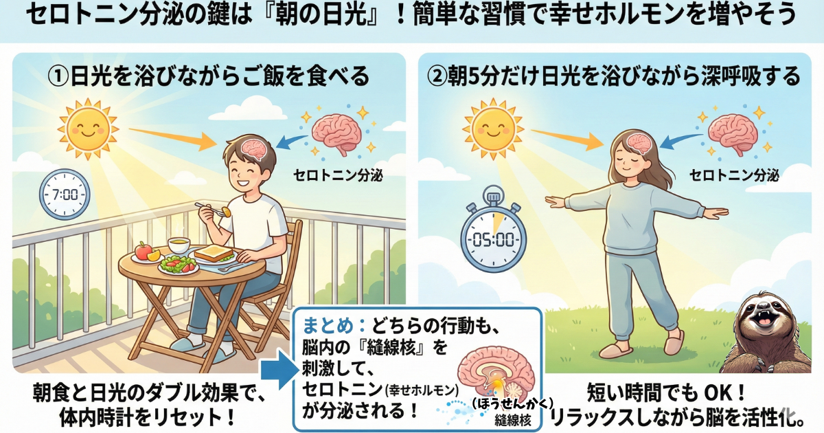 【図解】セロトニンを増やす朝の簡単な習慣：日光を浴びながらの朝食や、5分間の深呼吸が脳内の「縫線核（ほうせんかく）」を刺激し、幸せホルモンを分泌させるメカニズム