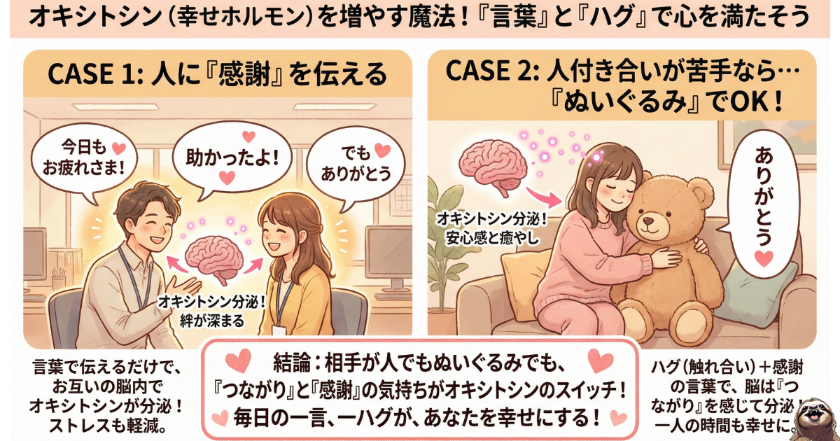 【図解】オキシトシンを増やす簡単な方法：人に感謝の言葉を伝えるだけでなく、ぬいぐるみをハグして「ありがとう」と言うだけでも脳が「つながり」を感じて分泌される仕組み