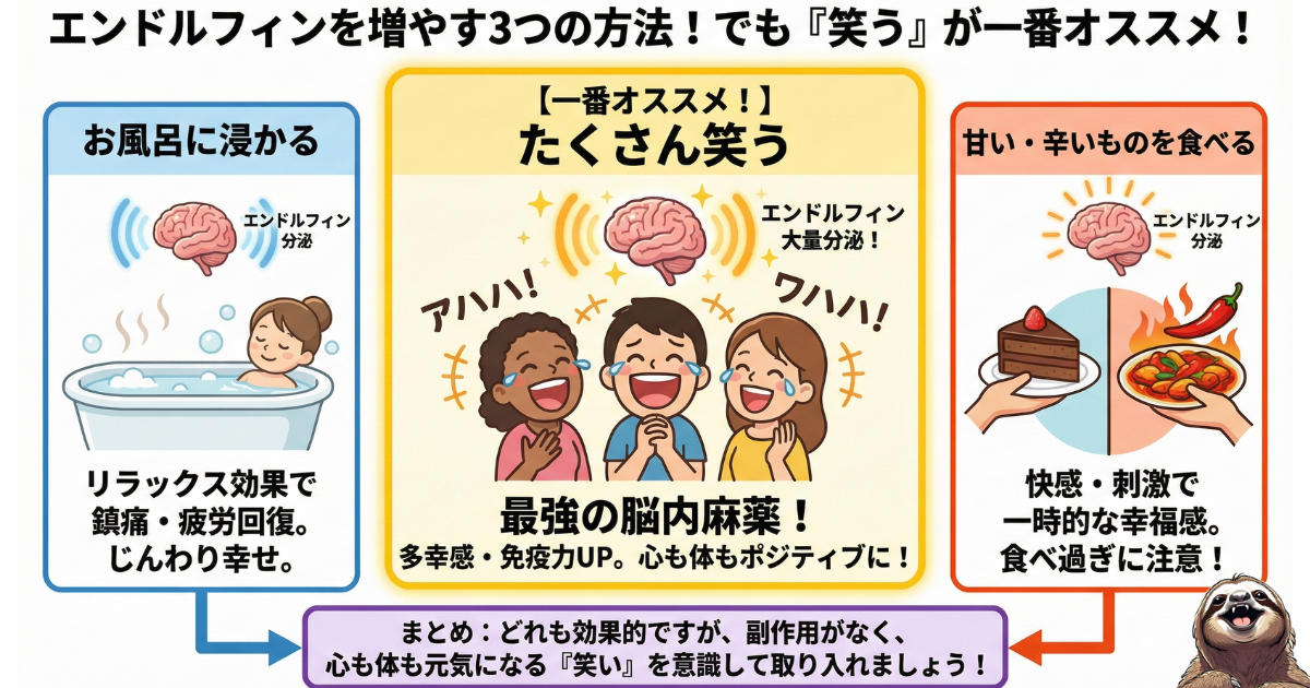 【図解】エンドルフィンを増やす3つの簡単な方法：お風呂（リラックス・鎮痛）、食事（辛い・甘いもので刺激）、そして最も推奨される「笑うこと」による免疫力アップと多幸感の分泌メカニズム