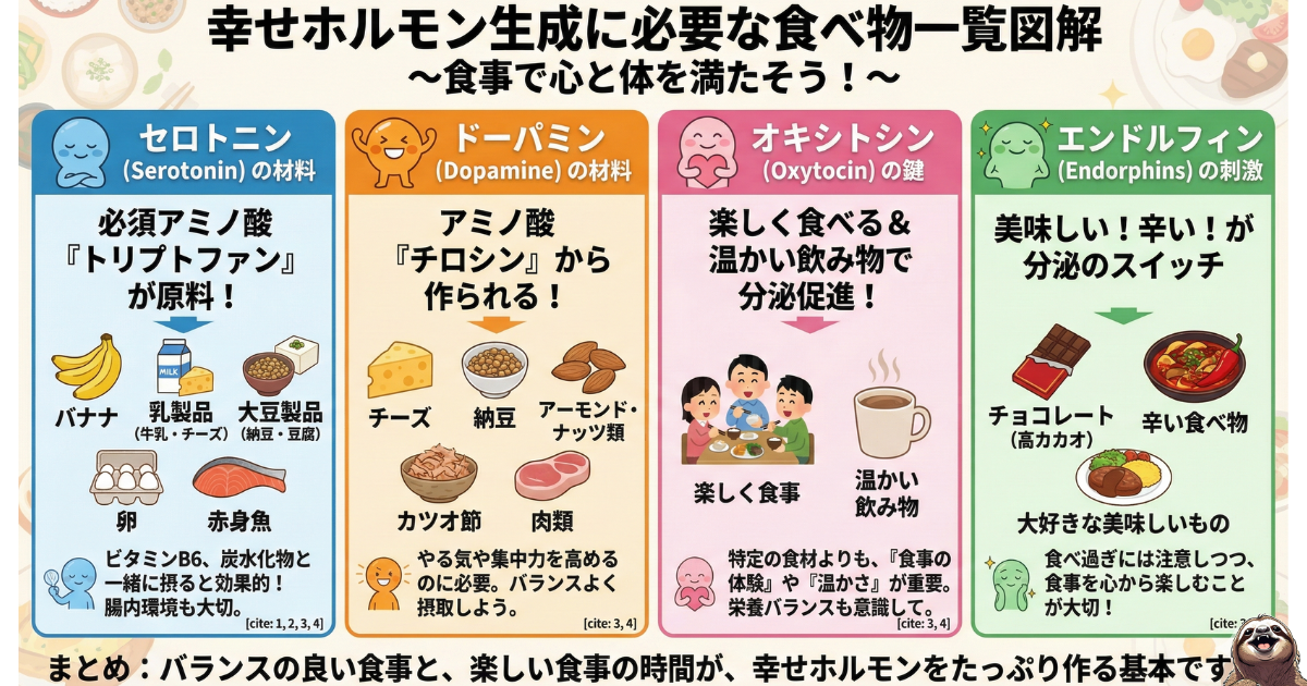 【一覧表】幸せホルモンを増やす食べ物と栄養素：セロトニンの原料（トリプトファン・バナナ・大豆）、ドーパミンの原料（チロシン・肉・チーズ）、オキシトシン（温かい飲み物）、エンドルフィン（チョコ・辛いもの）の食事リスト
