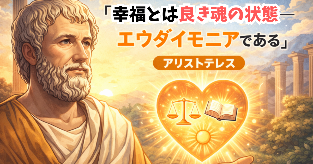 【名言】アリストテレスの幸福論「エウダイモニア（良き魂の状態）」の図解：一時的な快楽（ドーパミン等）を超えた、理性と中庸（バランス）による持続的な幸福の定義