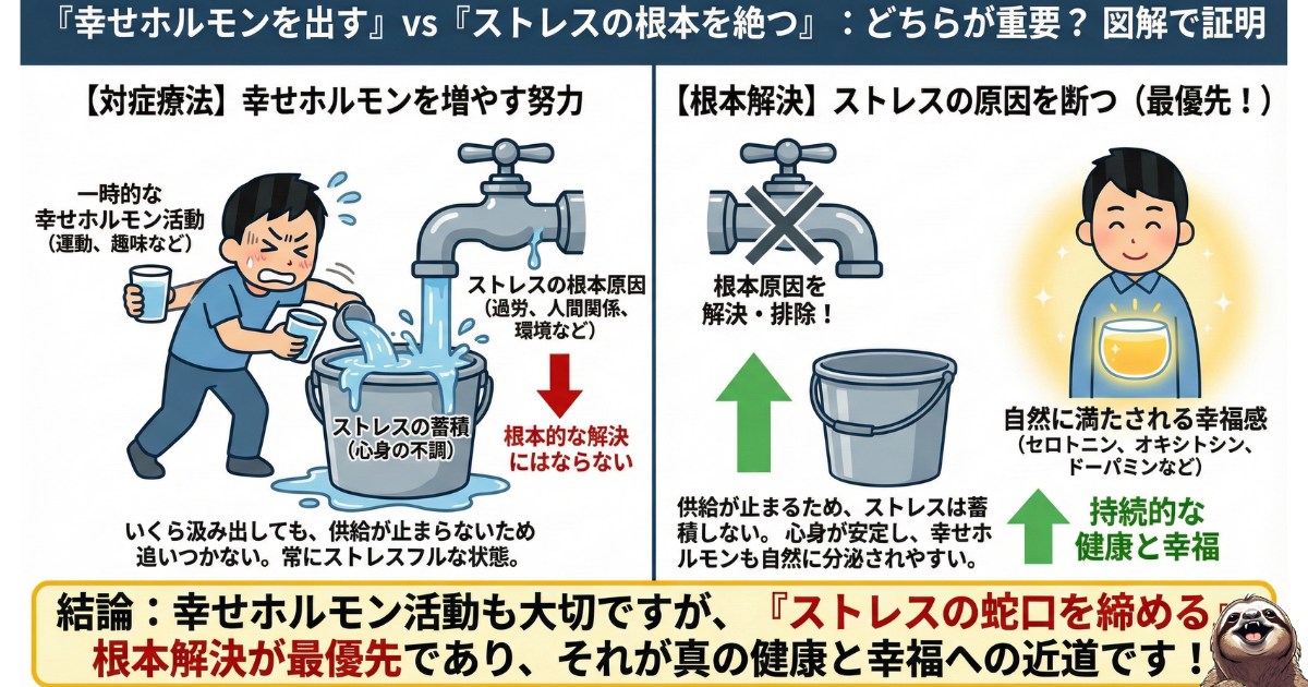【図解】ストレス解消の「対症療法」と「根本解決」の違い：幸せホルモン活動（運動・趣味）で水をかき出すよりも、ストレスの根本原因（過労・人間関係などの蛇口）を止めることが最優先である理由