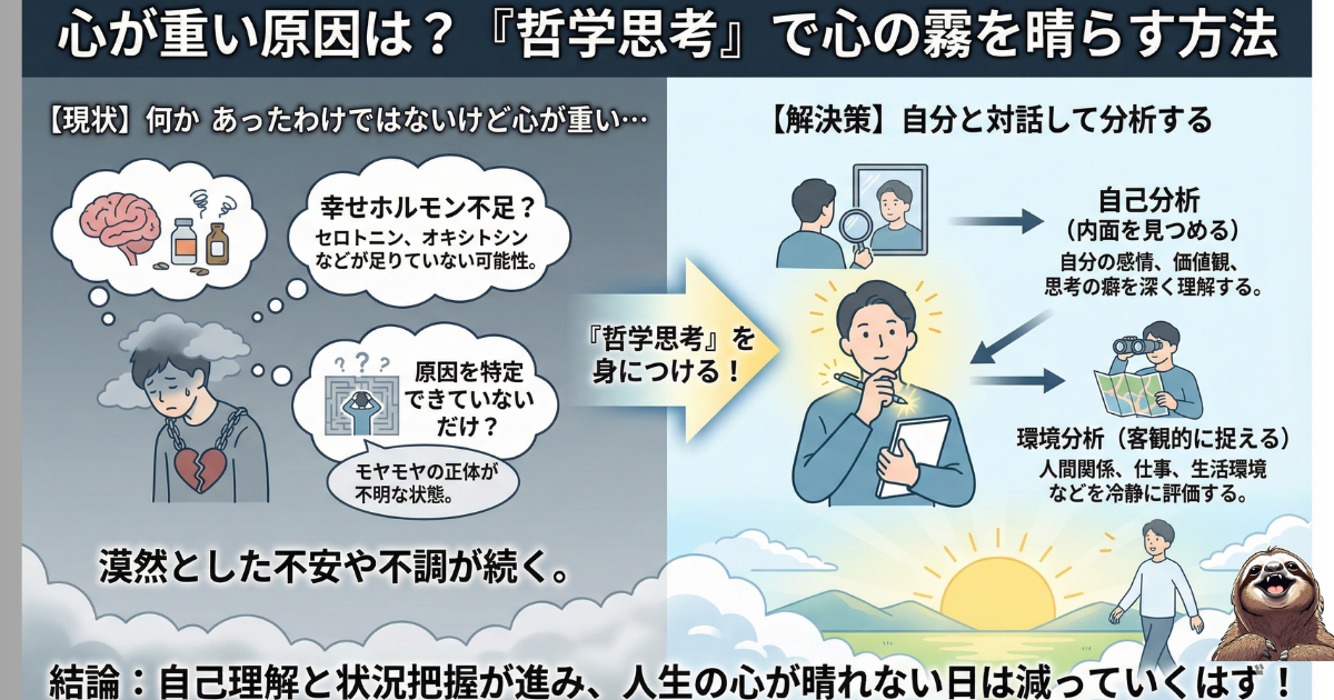 【図解】心が重い原因を特定する「哲学思考」のメソッド：幸せホルモン不足や漠然とした不安に対し、自己分析（内面の対話）と環境分析（客観的な把握）を行うことで心の霧を晴らす方法