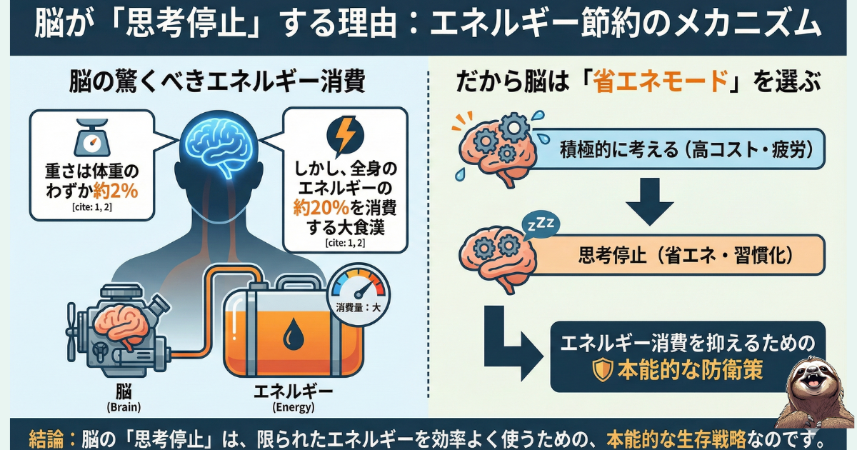 【図解】脳が思考停止する科学的な理由：体重の約2%に対しエネルギーの約20%を消費する「大食漢」の脳が、疲労を防ぐために「省エネモード（習慣化）」を選ぶメカニズム