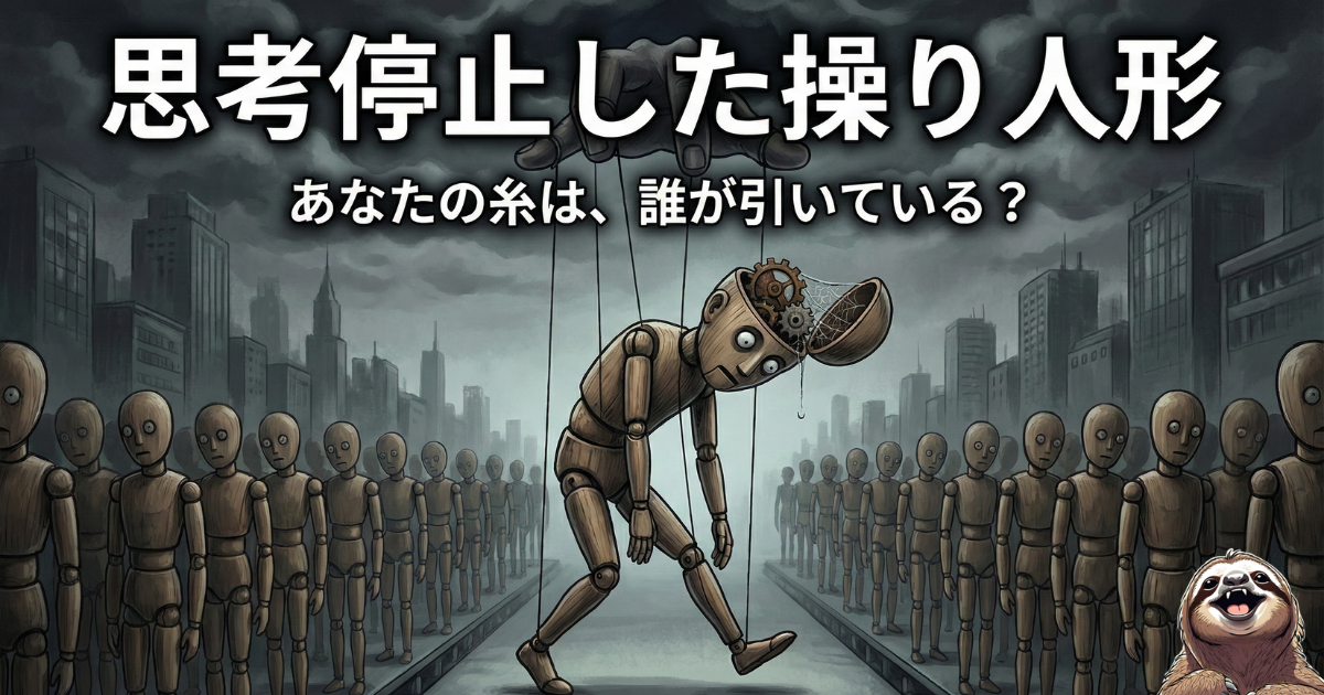 【イメージ図】思考停止した操り人形の末路：自分の頭で考えず、他人（会社や世間）の糸で動かされている状態の風刺イラスト。「あなたの糸は、誰が引いている？」という人生の主導権を問うメッセージ