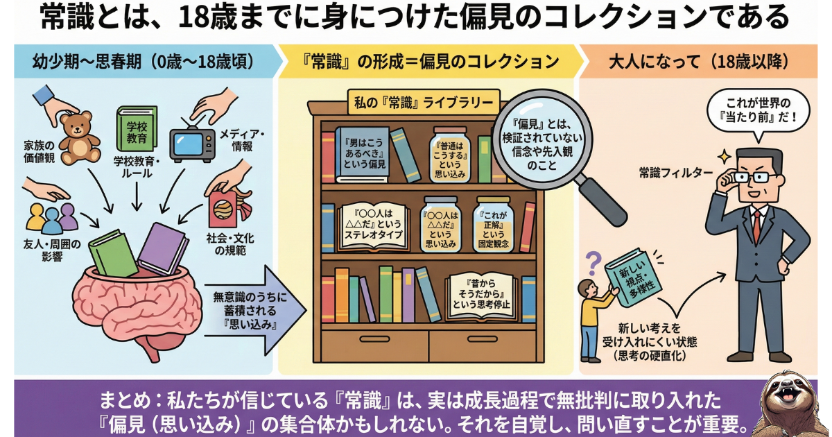 【図解】アインシュタインの名言「常識とは18歳までに身につけた偏見のコレクションである」：幼少期の教育やメディアによって形成された「思い込み（偏見）」が、大人になってからの思考停止や新しい価値観の拒絶を招くメカニズム