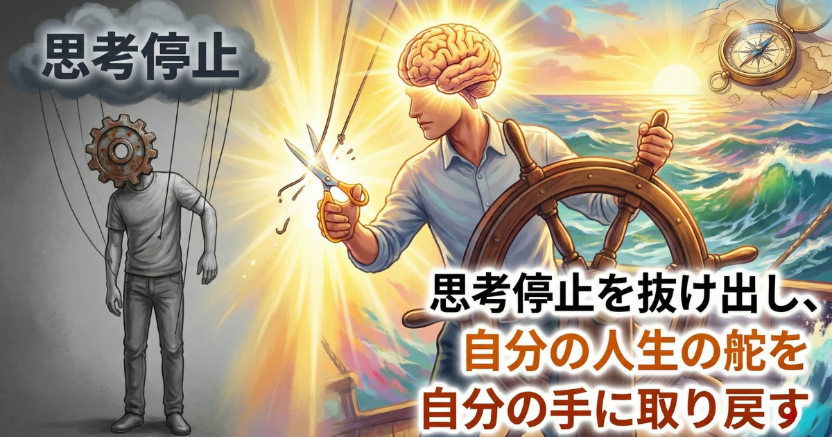 【図解】思考停止の治し方・最終結論：他人や常識に操られる「操り人形」の状態から脱却し、自分の意志でハサミ（習慣）を入れて、人生の舵を自分で取る「自律した生き方」への変化