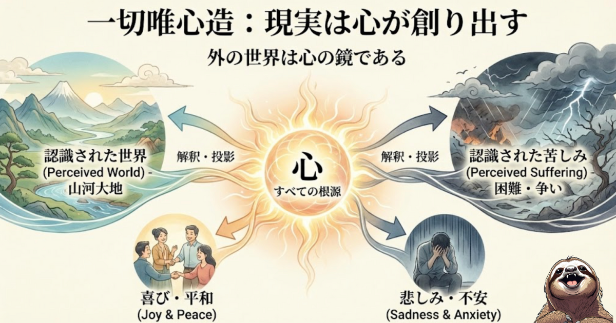 【図解】一切唯心造（いっさいゆいしんぞう）の意味：現実は心が創り出すという仏教の教え。外の世界は心の鏡であり、解釈や投影によって「喜び・平和」にも「苦しみ・争い」にも変わるメカニズム