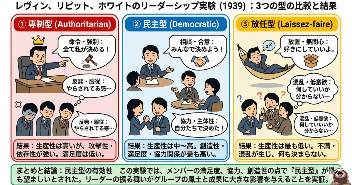 【図解】レヴィン、リピット、ホワイトのリーダーシップ実験（1939）：リーダーの3つの型（専制型・民主型・放任型）の比較。生産性は高いが不満が残る「専制型」に対し、「民主型」は創造性と満足度が最も高くなる結果を示した図