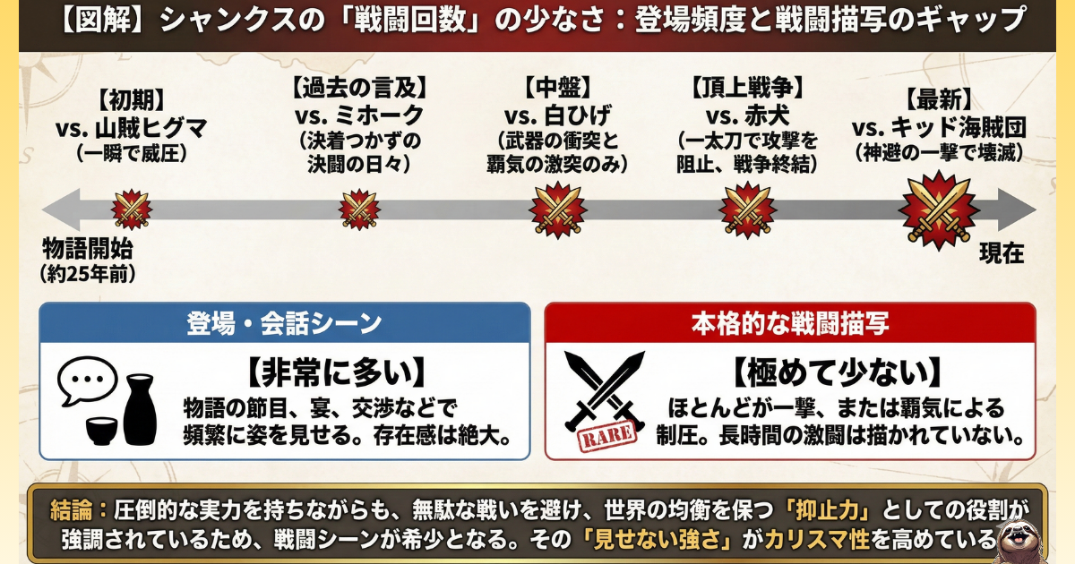 【図解】シャンクスの戦闘シーンが極端に少ない理由とカリスマ性：物語開始から現在まで、圧倒的な実力を持ちながらも「一撃」や「覇気」による制圧に留め、無駄な争いを避ける「抑止力」としてのリーダー像を分析した年表