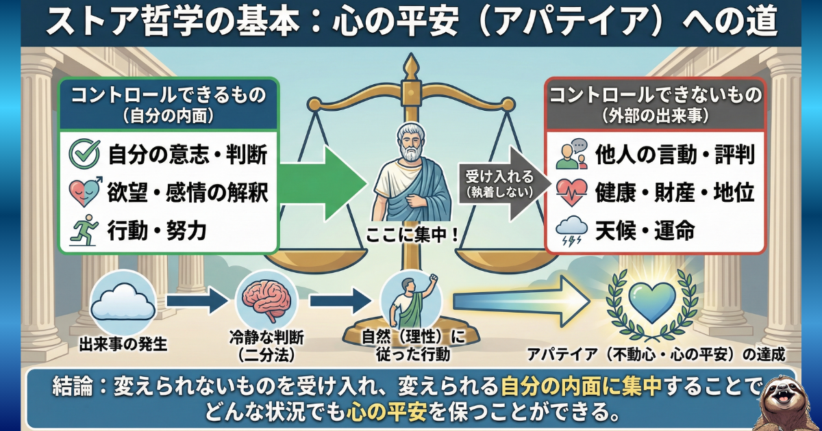 【図解】ストア哲学の基本「コントロールの二分法」とアパテイア（不動心）：自分の意志で変えられる「内面（行動・判断）」に集中し、変えられない「外部（他人の言動・運命）」を受け入れることで心の平安を保つ思考法