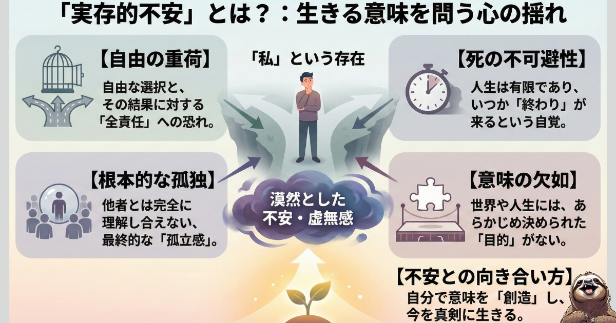 【図解】実存的不安とは:生きる意味を問う心の揺れの正体。1.自由の重荷(責任)、2.死の不可避性(有限)、3.根本的な孤独、4.意味の欠如(無目的)の4要素から生じる漠然とした不安のメカニズム