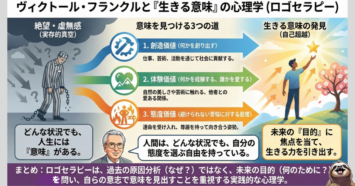 【図解】ヴィクトール・フランクルのロゴセラピー(意味への意志):虚無感(実存的真空)を乗り越え、生きる意味を発見するための3つの道「創造価値」「体験価値」「態度価値」の解説チャート