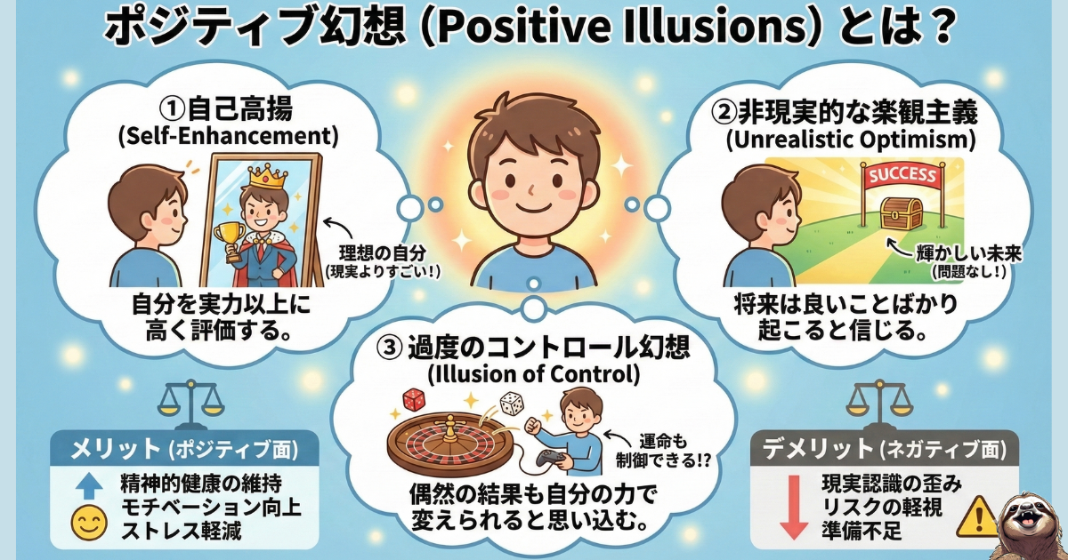 【図解】ポジティブ幻想(Positive Illusions)とは:精神的健康を維持するために脳が行う3つの錯覚「自己高揚(過大評価)」「非現実的な楽観主義」「過度のコントロール幻想」の解説。ストレス軽減やモチベーション向上に役立つ心理機能