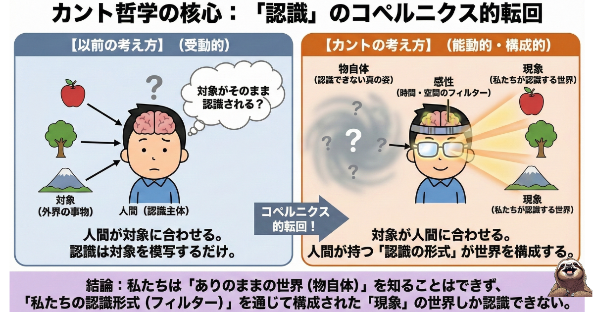 【図解】カント哲学「認識のコペルニクス的転回」とは:人間はありのままの世界(物自体)を見ることはできず、自分の感性(フィルター)を通して構成された「現象」しか認識できないとする認識論の解説