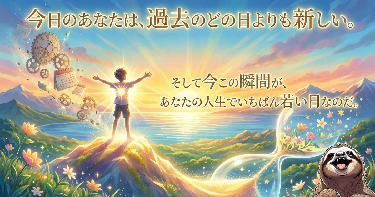 朝日を浴びて両手を広げる少年と「今この瞬間が人生でいちばん若い日」のメッセージ画像:過去を表す時計やカレンダーが空へ消え、足元には希望の象徴である花が咲き乱れる美しいイラスト
