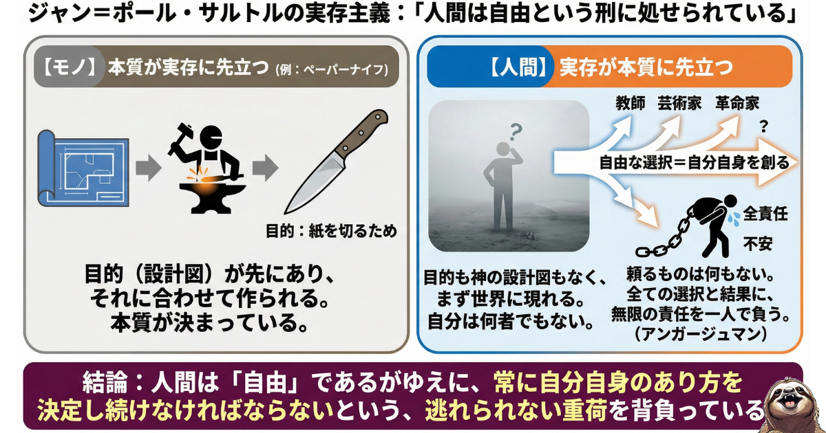 【図解】サルトルの実存主義「人間は自由という刑に処せられている」の意味:「実存は本質に先立つ」の解説。設計図があるモノとは異なり、人間は自由な選択と責任(アンガージュマン)を背負って自分を創る存在であること