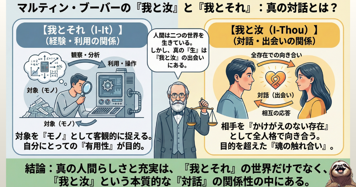 【図解】マルティン・ブーバーの『我と汝』と『我とそれ』の違い:相手を道具や機能として見る「我とそれ(I-It)」の関係と、かけがえのない存在として全人格で向き合う「我と汝(I-Thou)」の対話的関係の解説