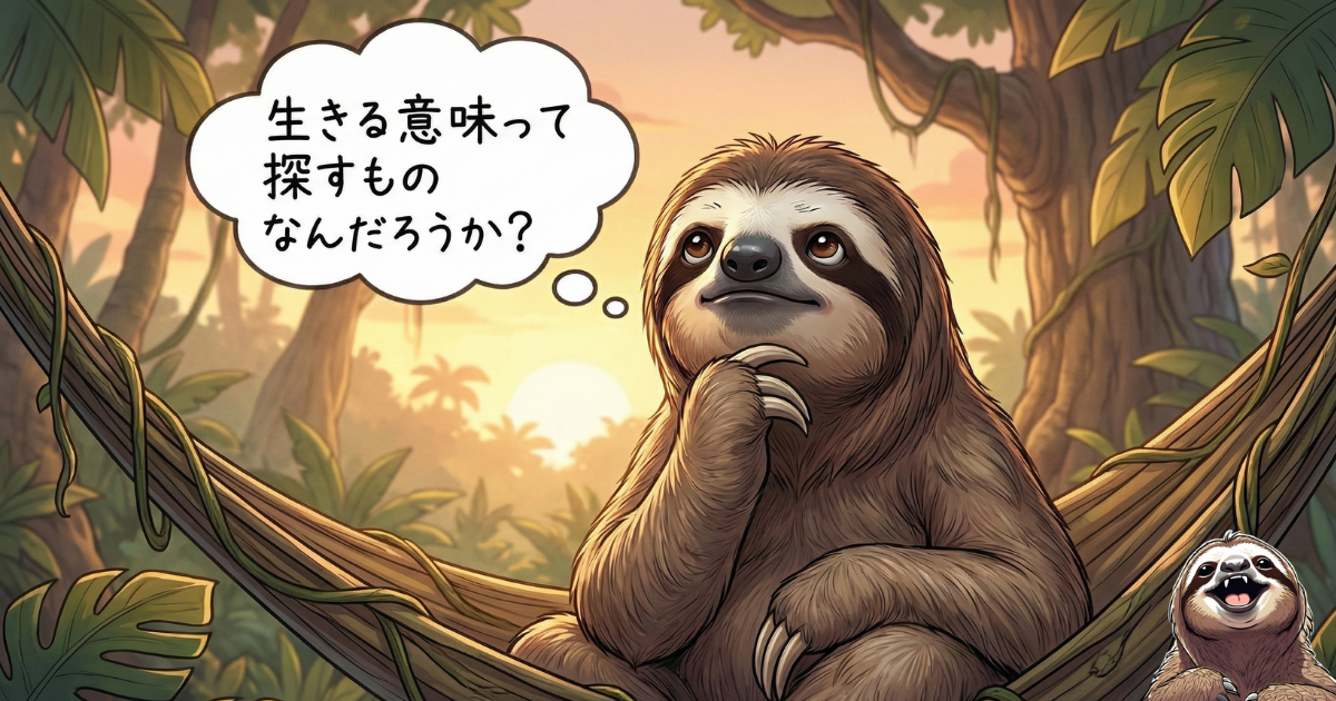 【図解】生きる意味への問いかけ:「生きる意味って探すものなんだろうか?」と思索にふけるナマケ者のイラスト。人生の目的を外部に探し求めることへの疑問と、実存的不安の始まりを表現した挿絵