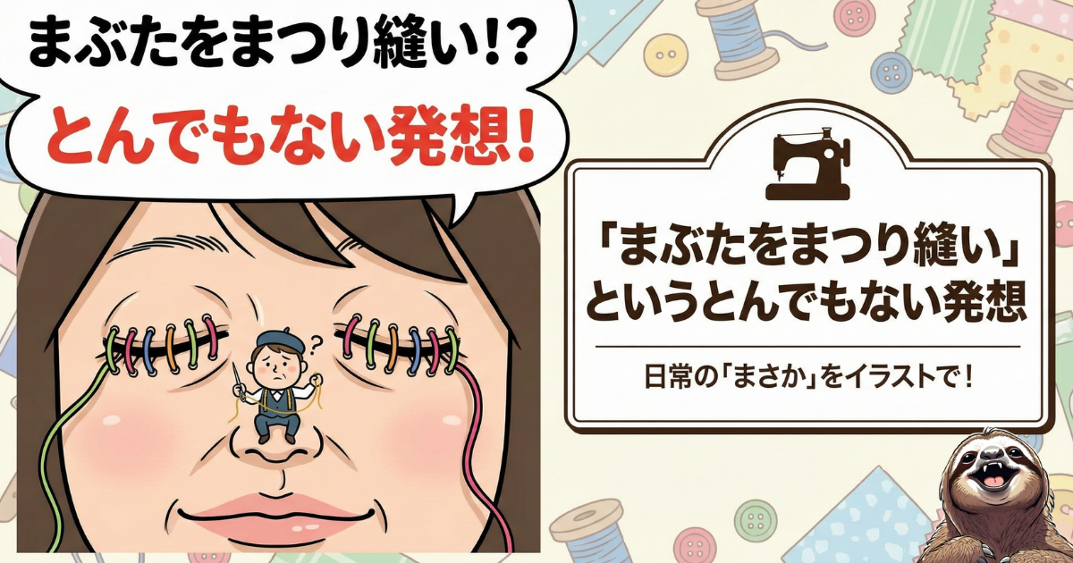 【シュールなイラスト】まぶたをまつり縫いする小人と女性:「とんでもない発想」というキャッチコピーと共に描かれた、日常の常識を覆すユニークなアート。固定観念からの解放を表現