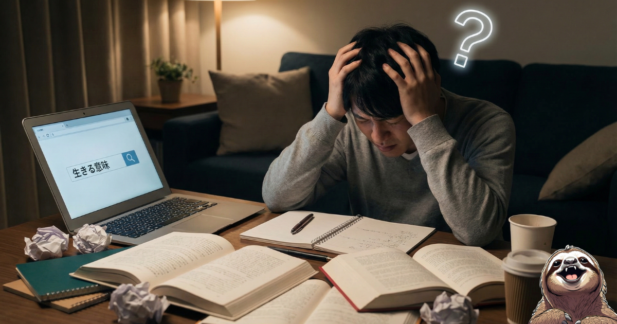 【図解】生きる意味をネット検索して頭を抱える男性:「生きる意味」と入力したパソコンの前で、本や情報の山に囲まれ混乱している様子。外部に正解を求めすぎて実存的不安(迷子)に陥っている状態