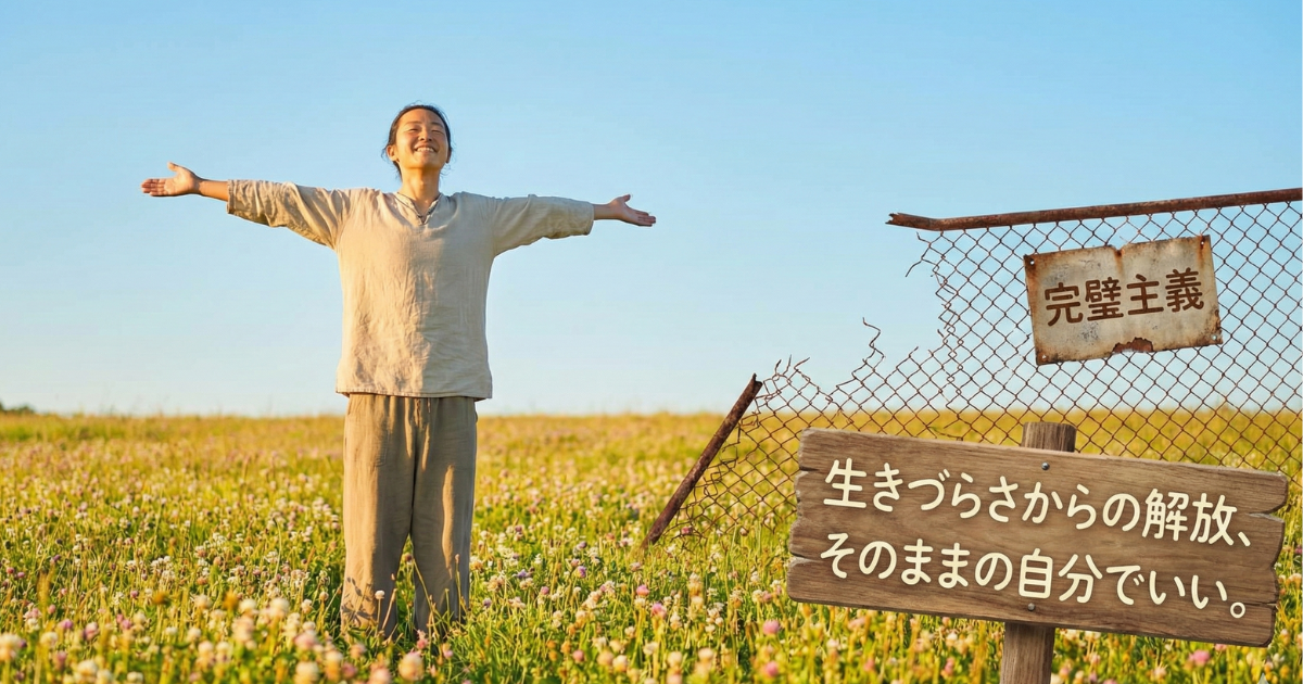 【ブログ結論】生きづらさからの解放と自己肯定：「完璧主義」という心のフェンスを越え、ありのままの自分を受け入れた女性の笑顔。「そのままの自分でいい」というメッセージと共に、自由な生き方を提案する画像