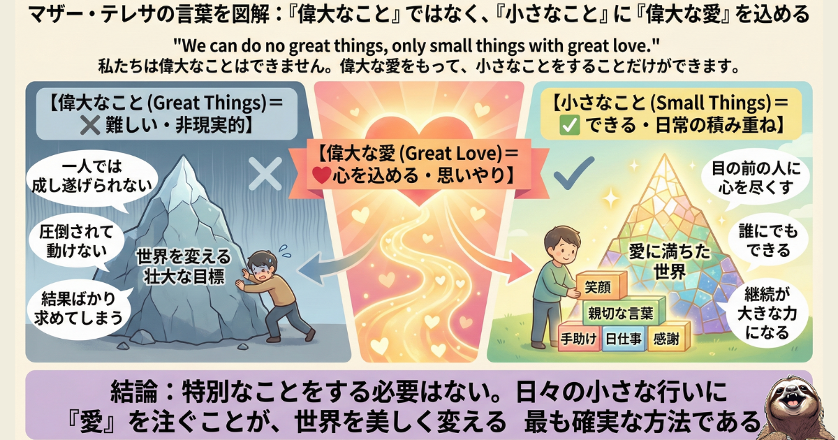 【図解】マザー・テレサの名言「偉大なことではなく、小さなことに偉大な愛を込める」:自己犠牲的な大きな貢献(左)ではなく、日々の親切や思いやり(右)こそが重要であるという教えの解説