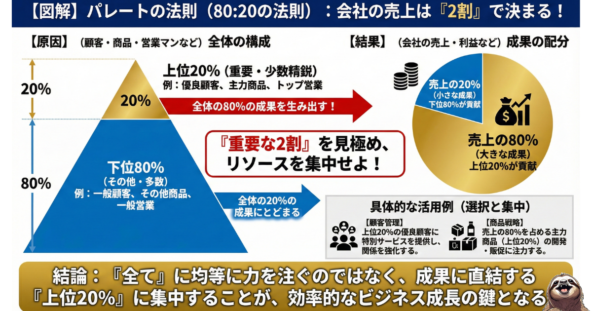 【図解】パレートの法則(80:20の法則)とは:会社の売上の80%は、全従業員の上位20%(優秀な人材・働き者)によって生み出されているというビジネスの法則。成果の偏りを示すピラミッドと円グラフの解説
