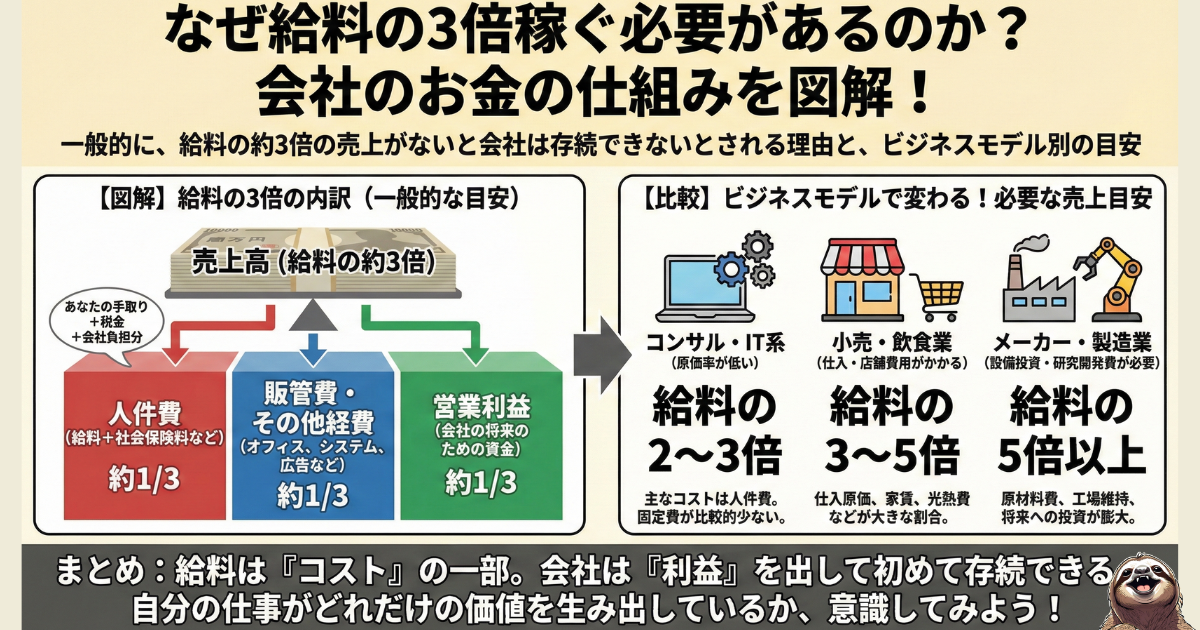 【図解】なぜ給料の3倍稼ぐ必要があるのか:売上の内訳(人件費1/3、販管費1/3、営業利益1/3)と、ビジネスモデル別の必要売上目安。会社が存続するために必要な利益構造の解説