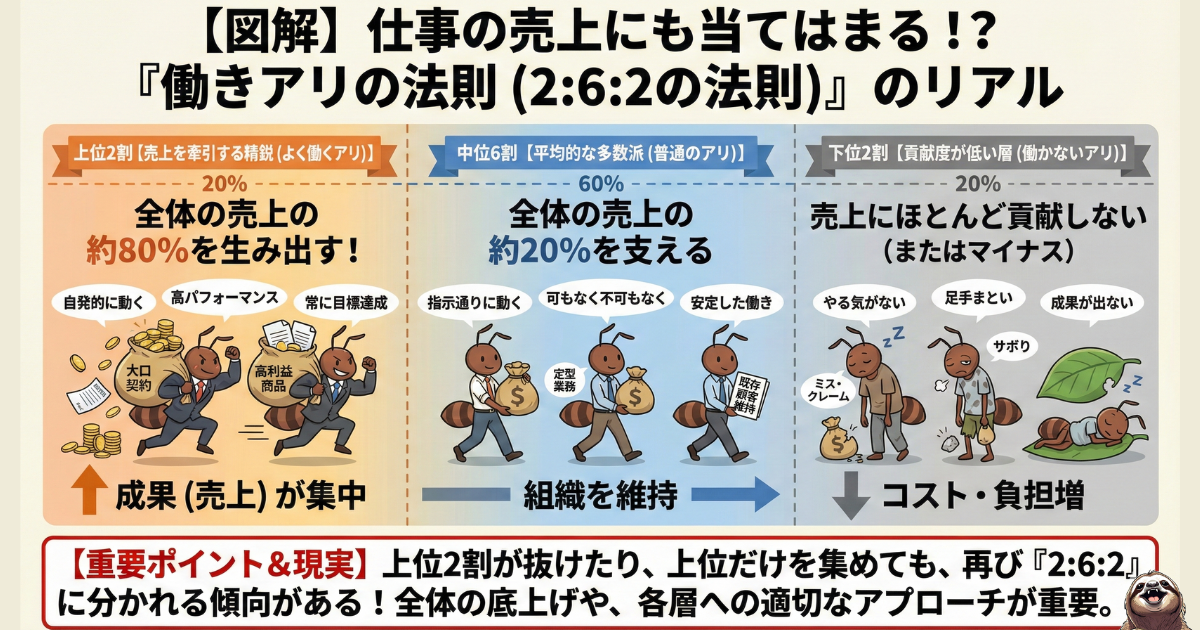 【図解】働きアリの法則(2:6:2の法則)のリアル:組織は「優秀な2割」「普通の6割」「貢献しない2割」に分かれるという集団心理の解説図。上位2割が売上の80%を生み出し、下位2割がコストとなる構造