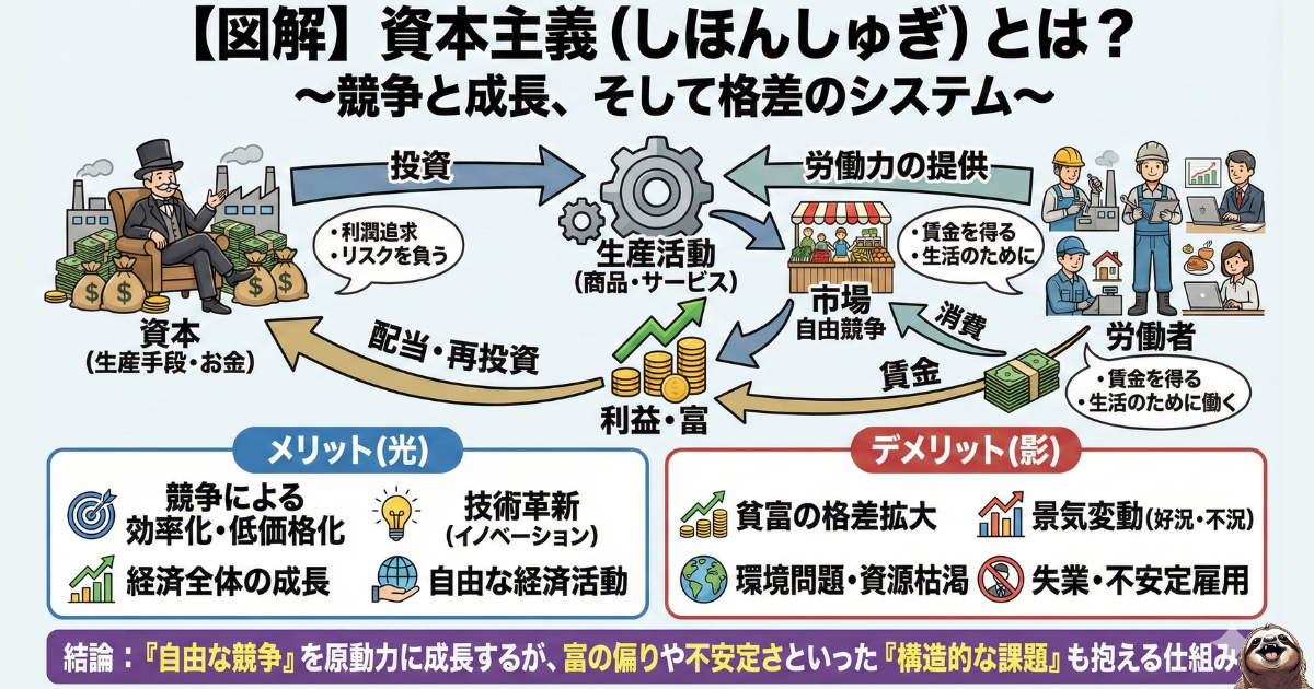 【図解】資本主義(Capitalism)の仕組みとは:資本家(投資)と労働者(労働力)の関係、および市場での競争が生むサイクルの解説。経済成長や効率化というメリットと、貧富の格差や不安定雇用というデメリットの比較図