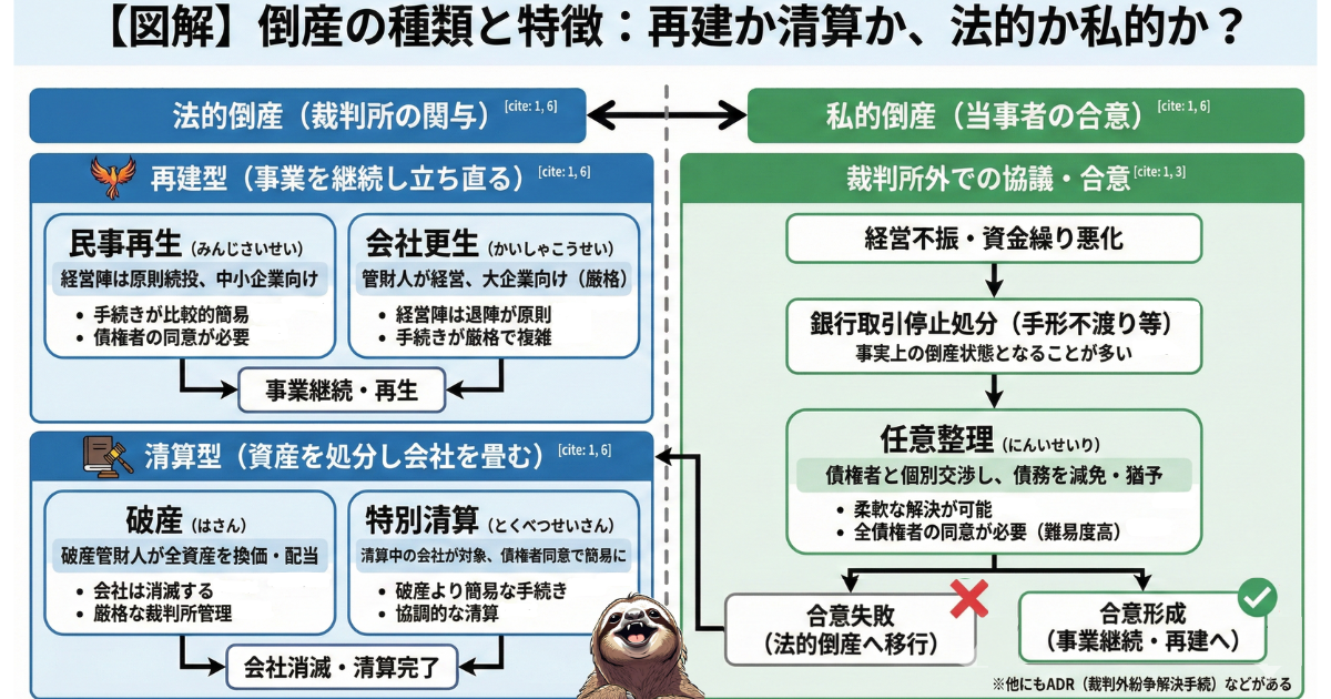 【図解】倒産の種類と手続き一覧:法的倒産(民事再生・会社更生・破産・特別清算)と私的倒産(任意整理)の違い。会社を存続させる「再建型」と、資産を処分して畳む「清算型」の分類チャート