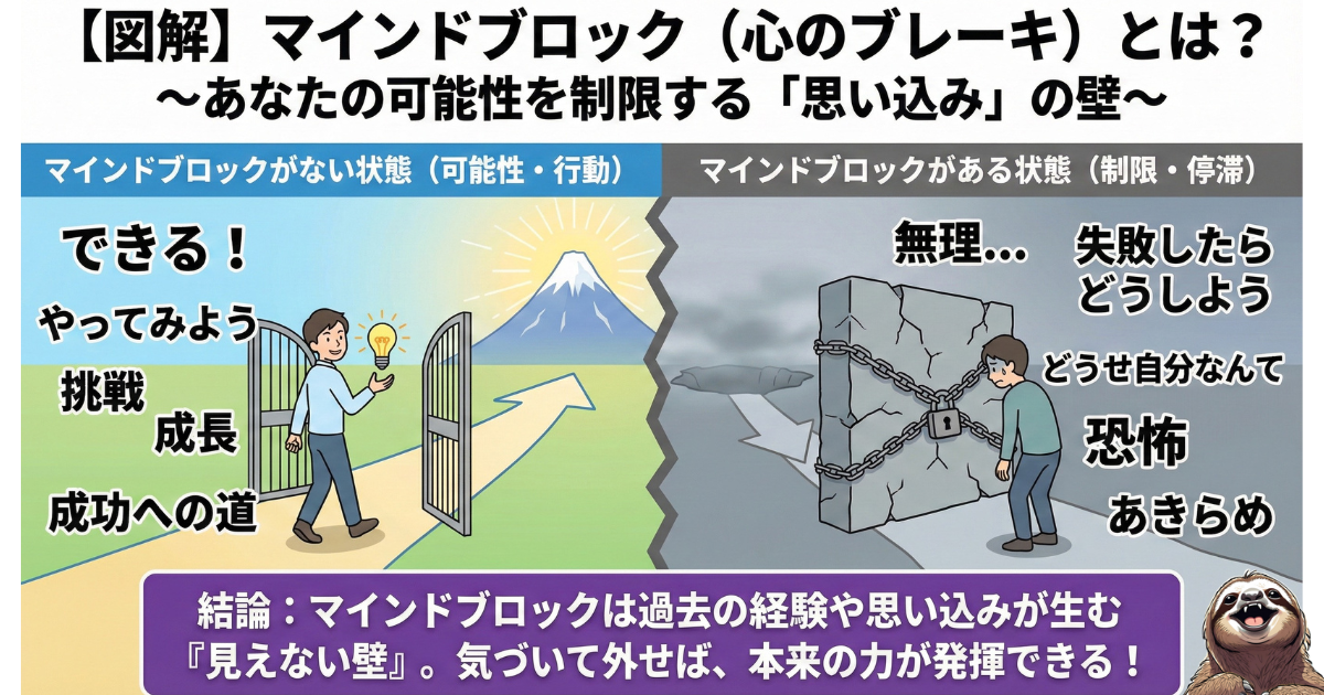 【図解】マインドブロック（心のブレーキ）とは：過去の経験や思い込みが作り出す「見えない壁」の解説。挑戦を恐れる心理状態（右）と、ブロックを外して可能性や成功への道を開く状態（左）の比較イラスト