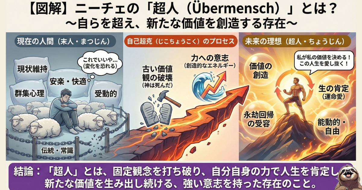 【図解】ニーチェの「超人（Übermensch）」と「末人」の違い：現状維持を好む受動的な末人と、古い価値観を破壊し自ら価値を創造する能動的な超人の比較。自己超克、力への意志、永劫回帰を解説した哲学図解