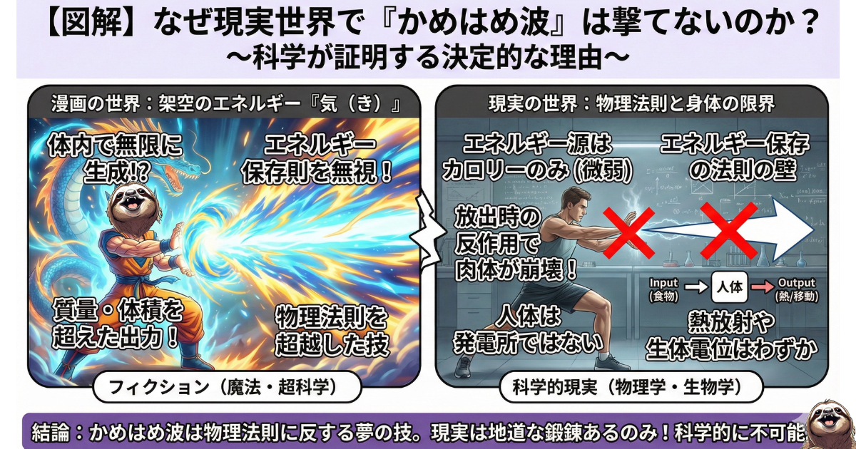 【科学図解】なぜ現実で「かめはめ波」は撃てないのか：エネルギー保存の法則や反作用による肉体崩壊など、物理学・生物学的な不可能理由の解説。「気」という架空エネルギーと、現実の「地道な鍛錬」の対比