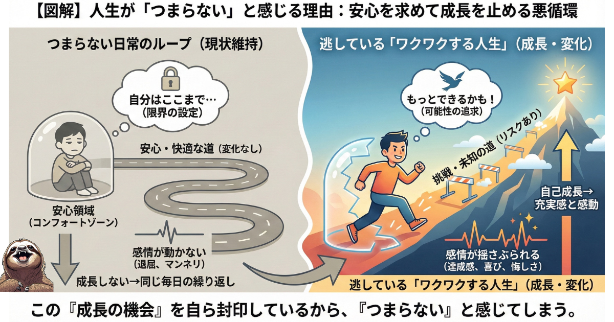 【図解】人生がつまらない理由「コンフォートゾーン（安心領域）」の罠：安心を求めて現状維持を選ぶと、感情の起伏がなくなり退屈するというメカニズム。リスクを取って挑戦し、自己成長と感動を得るルートとの比較