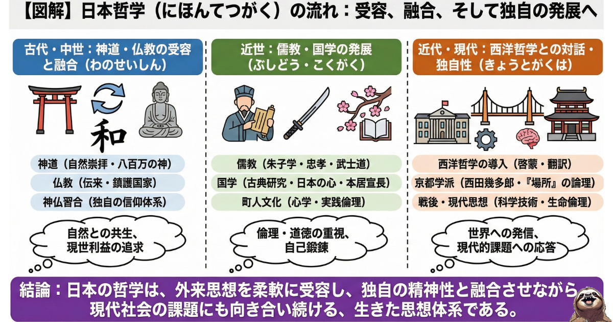 【図解】日本哲学の歴史と流れ：神道・仏教の「和の精神」、儒教・国学の「武士道」、西洋哲学との「融合」という3つの時代区分。外来思想を受け入れ、独自に発展させてきた日本人の精神構造の解説チャート