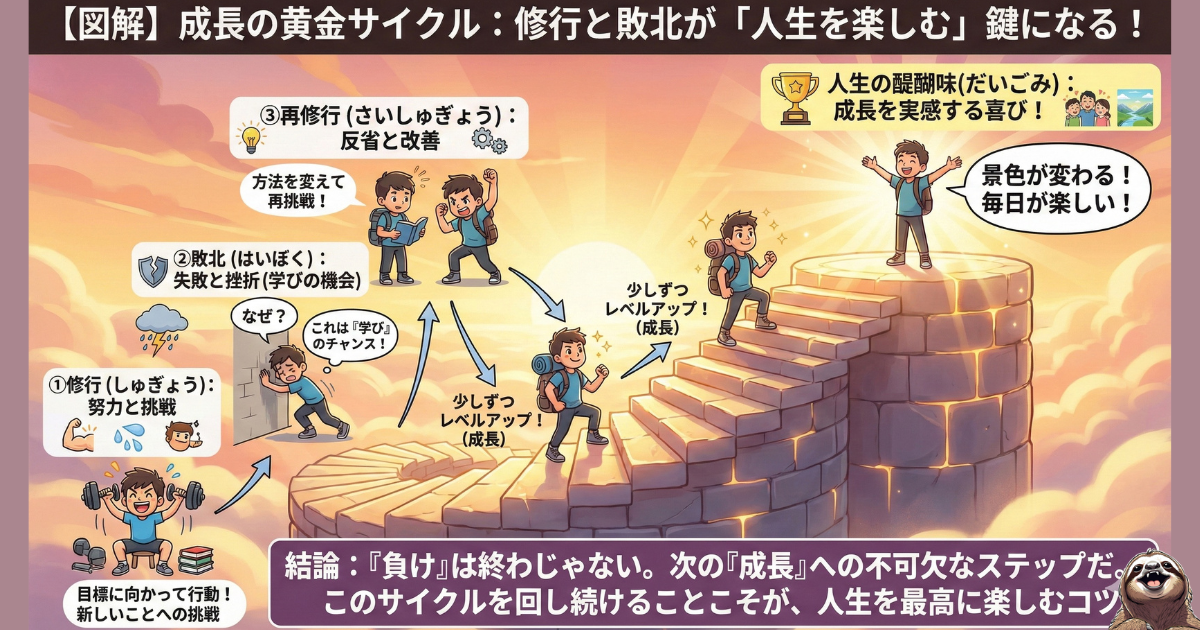 【図解】成長の黄金サイクルとは：修行→敗北（挫折）→再修行→レベルアップという4段階のプロセス。「負け」を学びの機会と捉え、再挑戦することで人生が楽しくなるメカニズムの解説
