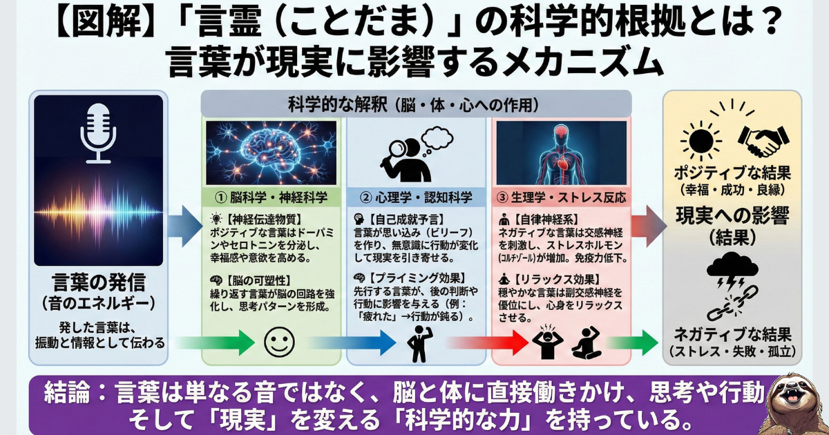 【図解】「言霊（ことだま）」の科学的根拠：言葉が脳（神経伝達物質）・心理（自己成就予言）・体（自律神経）に作用し、思考や行動を変えて「現実」を作り出すメカニズムの解説図