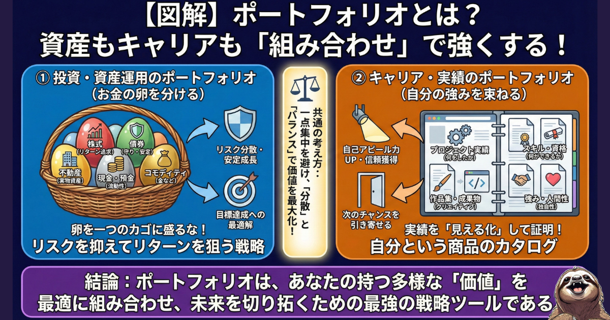 【図解】ポートフォリオ戦略とは：資産運用（左）とキャリア形成（右）における「組み合わせ」の重要性。「卵を一つのカゴに盛るな」というリスク分散の考え方を応用し、自分の強みや実績を束ねて価値を最大化する方法