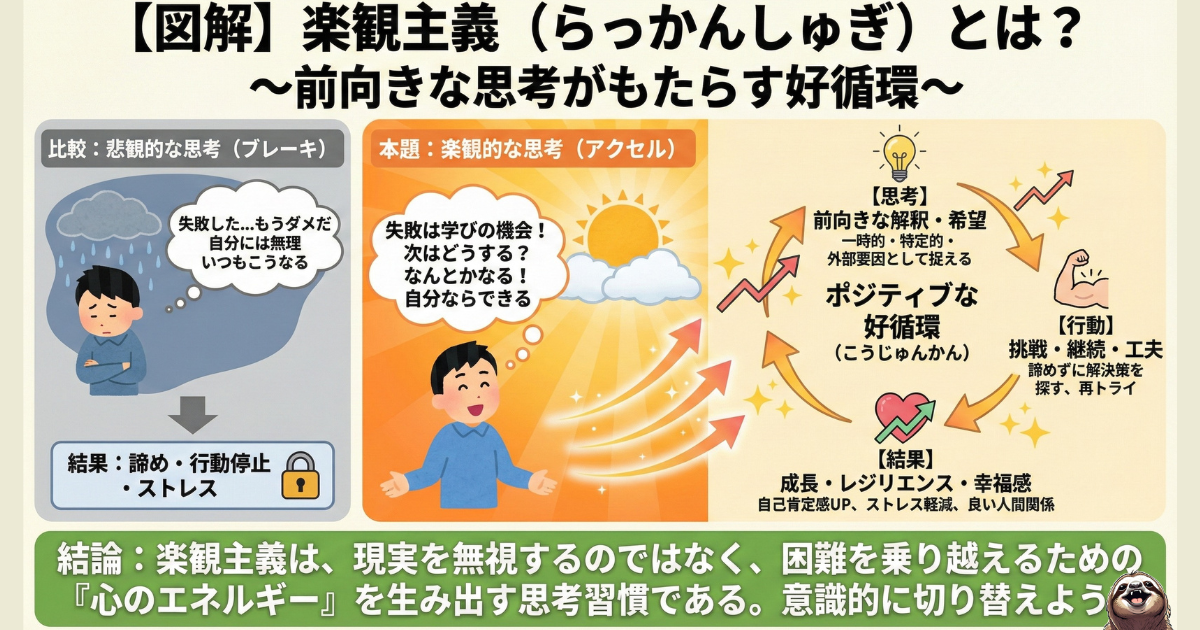 【図解】楽観主義（ポジティブ思考）と悲観主義の違い：失敗を「終わり」と捉えて行動を止める悲観的思考と、「学び」と捉えて成長の好循環（アクセル）を生み出す楽観的思考の比較解説