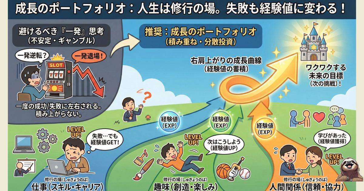 【図解】成長のポートフォリオとは：人生を「仕事・趣味・人間関係」の3つの修行の場に分散し、失敗すらも「経験値（EXP）」に変えて積み上げる戦略。「一発逆転」を狙う不安定な生き方との比較解説