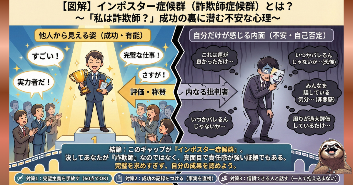 【図解】インポスター症候群(詐欺師症候群)とは:成功しても「運が良かっただけ」「自分は詐欺師だ」と思い込み、いつかバレると恐れる心理状態。完璧主義や責任感が強い人が陥りやすい不安の原因と、3つの克服法