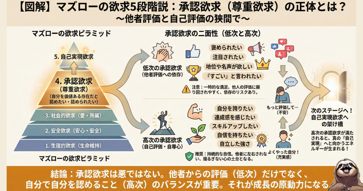 【図解】マズローの欲求5段階説と承認欲求の正体:承認欲求には「低次(他者評価への依存)」と「高次(自己評価・自尊心)」の2種類があることを解説。自己肯定感を高め、自己実現欲求へ進むための心理学チャート