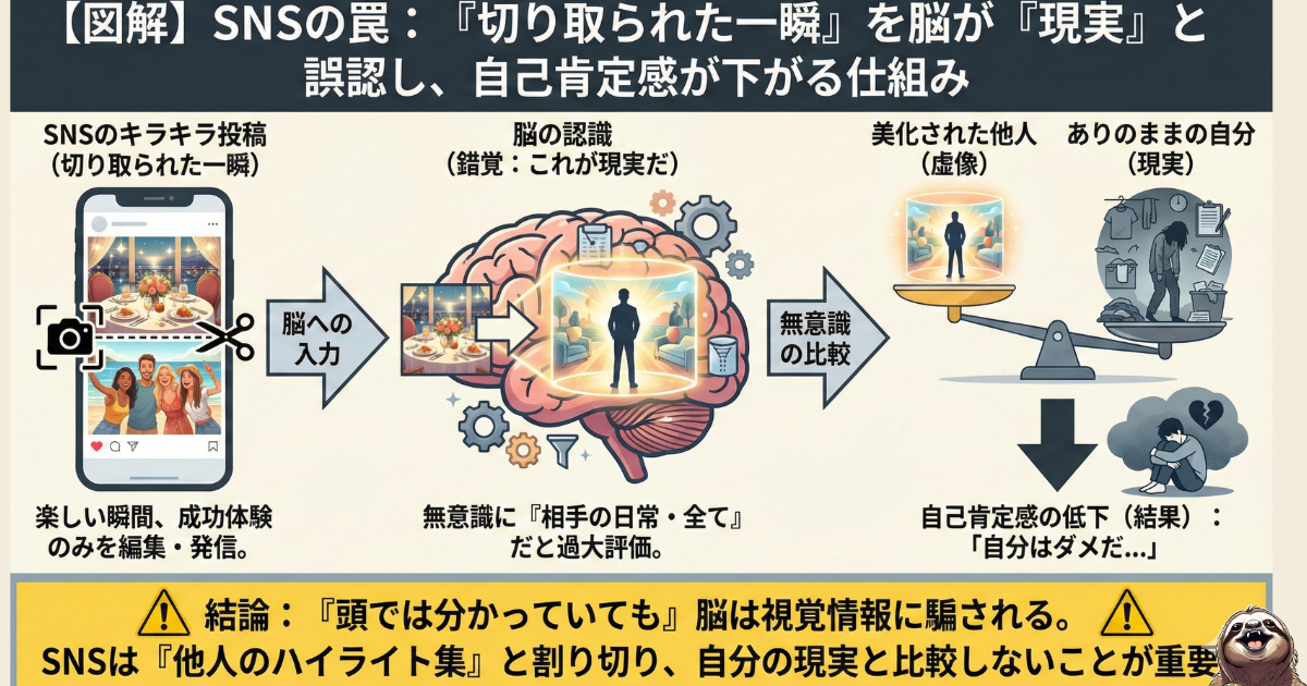 【図解】SNSで自己肯定感が下がる理由:他人の「切り取られた一瞬(ハイライト)」を脳が「現実(日常)」と誤認し、無意識に自分と比較してしまうメカニズム。「隣の芝生は青い」心理の現代版解説