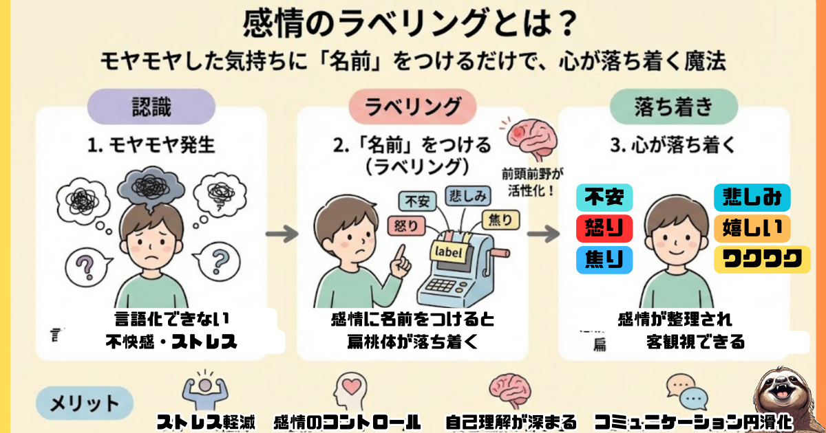 【図解】感情のラベリング(Affect Labeling)とは:モヤモヤした気持ちに「名前」をつけるだけで、脳の扁桃体を鎮め、前頭前野を活性化させる心理テクニック。言語化によるストレス軽減とメンタル安定のメカニズム