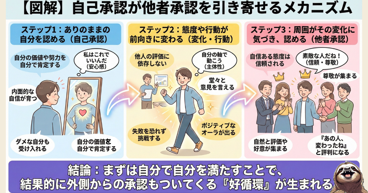【図解】自己承認が他者承認を引き寄せるメカニズム:ステップ1「ありのままの自分を認める」→ステップ2「態度が前向きに変わる」→ステップ3「周囲が信頼し、評価する」という好循環の解説。評価を求めないことが逆に評価を生む逆説的心理