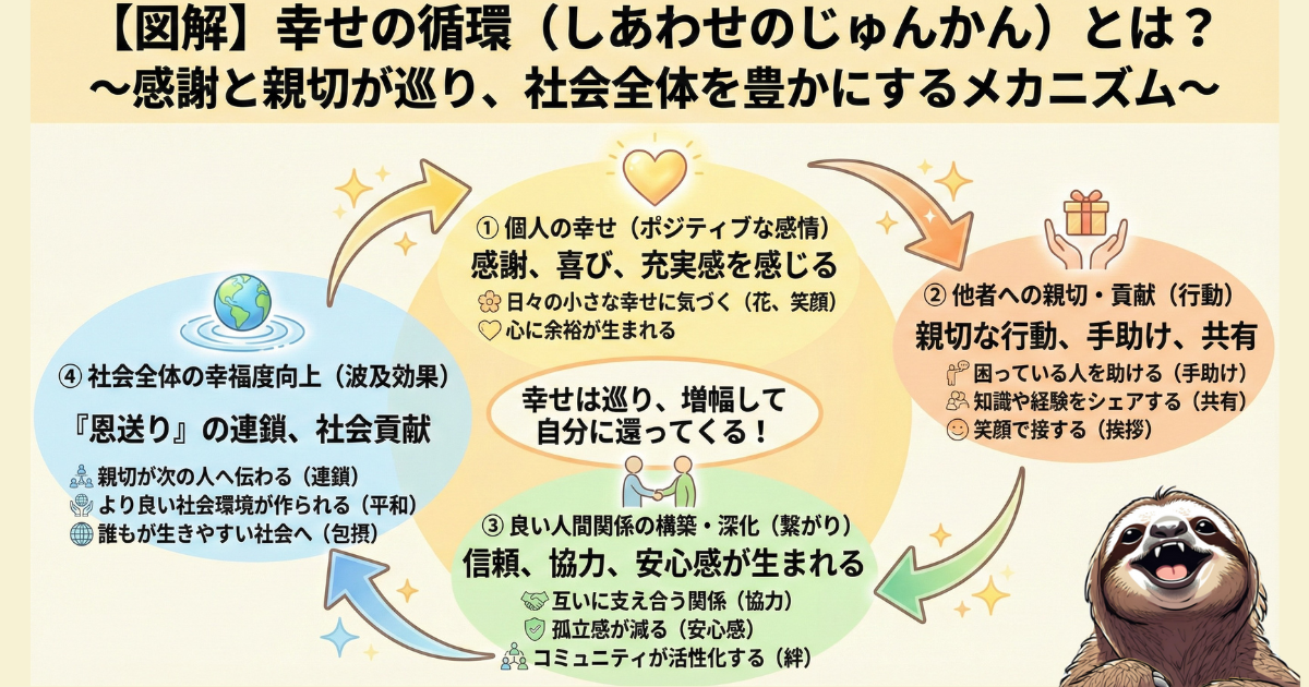 【図解】幸せの循環(ハピネスサイクル)のメカニズム:個人の感謝や喜びが、他者への親切を生み、信頼関係を築き、最終的に社会全体を豊かにする流れの解説。ポジティブ心理学における「恩送り」と幸福の波及効果