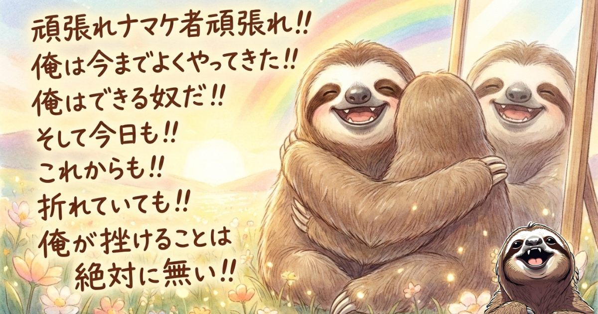 【イラスト】自己肯定感を高める「セルフトーク(独り言)」の実践:鏡の中の自分に向かって「俺は今までよくやってきた」「俺はできる」と語りかけ、脳をポジティブに書き換える心理テクニック。自己受容と自己効力感の向上効果