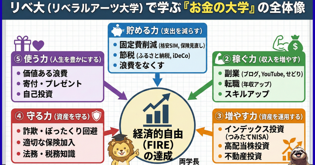【図解】リベ大(リベラルアーツ大学)で学ぶ「お金の大学」の全体像:経済的自由(FIRE)を達成するための5つの力(貯める・稼ぐ・増やす・守る・使う)の解説図。支出を減らし収入を増やす具体的な資産形成ロードマップ